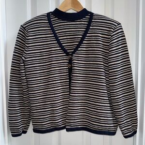 St. John Santana Knit Twinset Cardigan Sz 8 Striped Indigo Sand Luxury Feminine